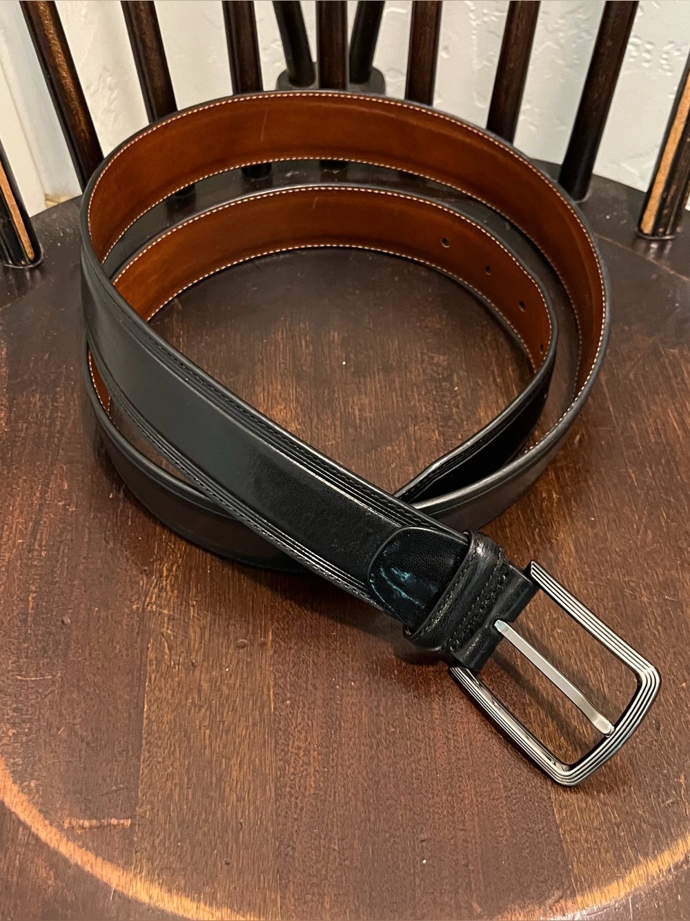 BOSCA Mens Black Leather Belt Size 44 Gunmetal Buckle -Made in Italy